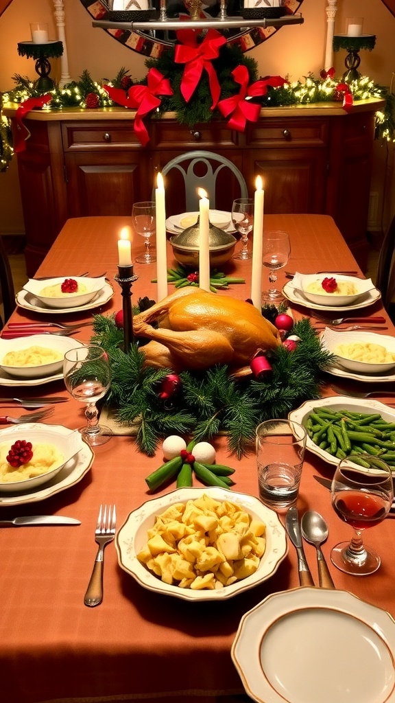 A festive Christmas Eve dinner table set for 10 with roasted turkey, side dishes, and holiday decorations.